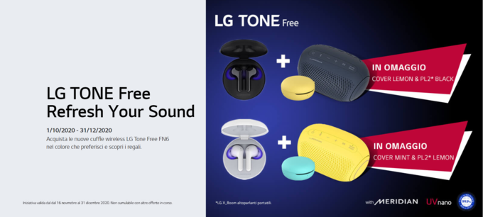 Le cuffie true wireless Lg Tone Free Fn6 ti regalano uno speaker portatile e una cover protettiva 1